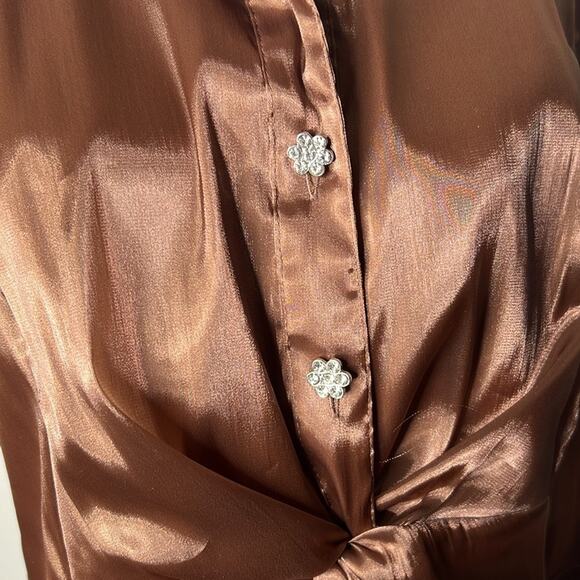 Cachet Brown Satin Rhinestone Button Vintage Blouse - Picture 3 of 7